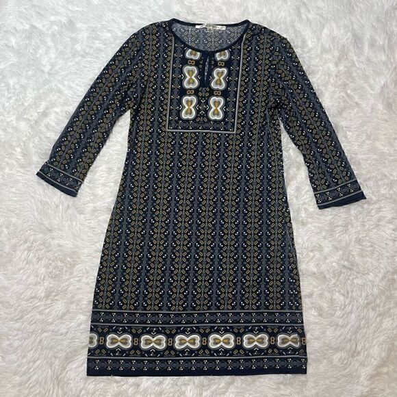 Max Studio Dress 3/4 Sleeve Floral Navy Blue Size Medium Stretchy Casual Key Hol - Picture 1 of 9